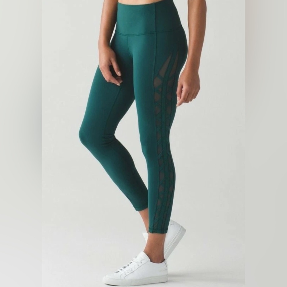 LULULEMON Size 4 High Times Essential Rhythm Lace Up Side Leggings Rare Green